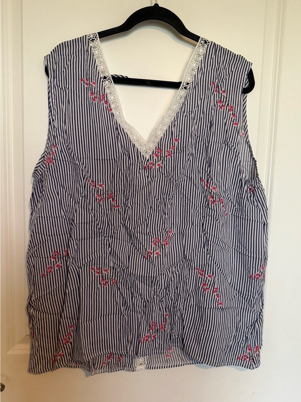 Sleeveless Navy Stripe V-Neck Top with Pink Floral Embroidery